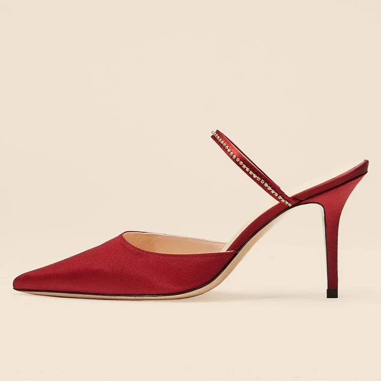 Dark Red Satin Mule Heels with Pointy Toe |FSJ Shoes