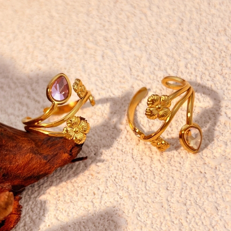 Casual Retro Classic Style Flower 304 Stainless Steel Zircon 18K Gold Plated Plating Open Rings