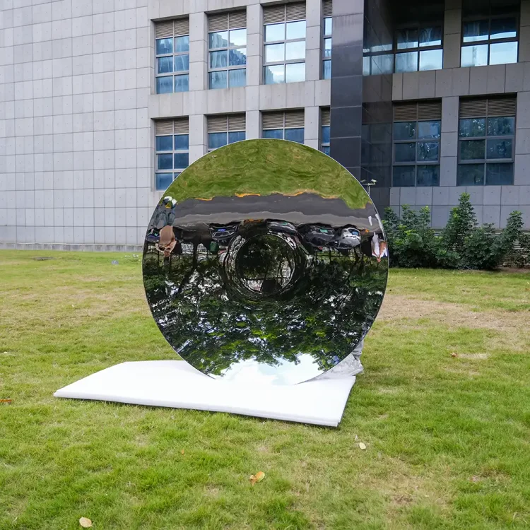 Modern stainless steel concave mirror sculpture, large-scale outdoor reflective art installation