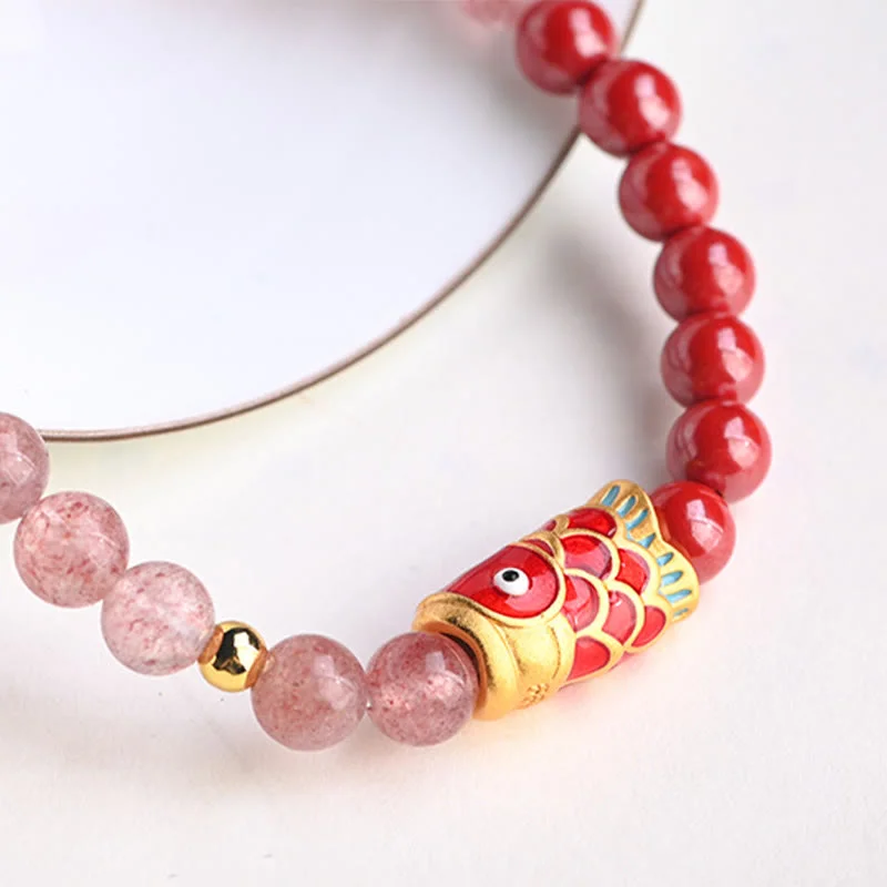 Cinnabar Strawberry Quartz Lucky Koi Fish Healing Bracelet