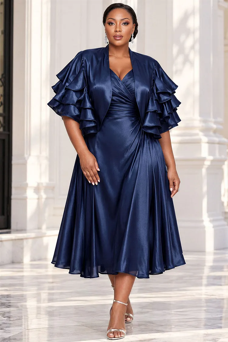Xpluswear Design Plus Size Formal Navy Blue Flutter Sleeve Short Sleeve Ruffle Satin Two Piece Dress Set [Pre-Order] 2024 - Xpluswear