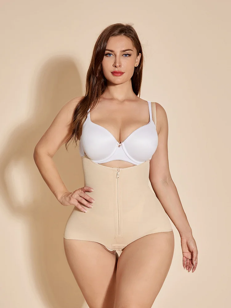 Women Open Bust Bodysuit Low Back Shapewear Tummy Slimming - Tan