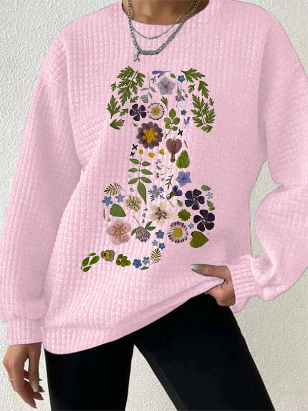 Women's Floral Pattern Dog Shape Printed Waffle Sweatshirt