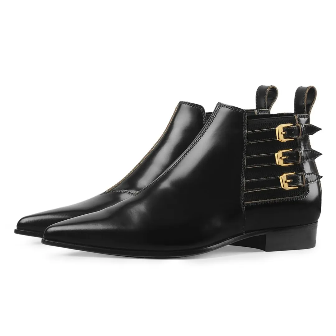 Black Pointed Toe Flat Triple Strap Buckle Short Boots for Women