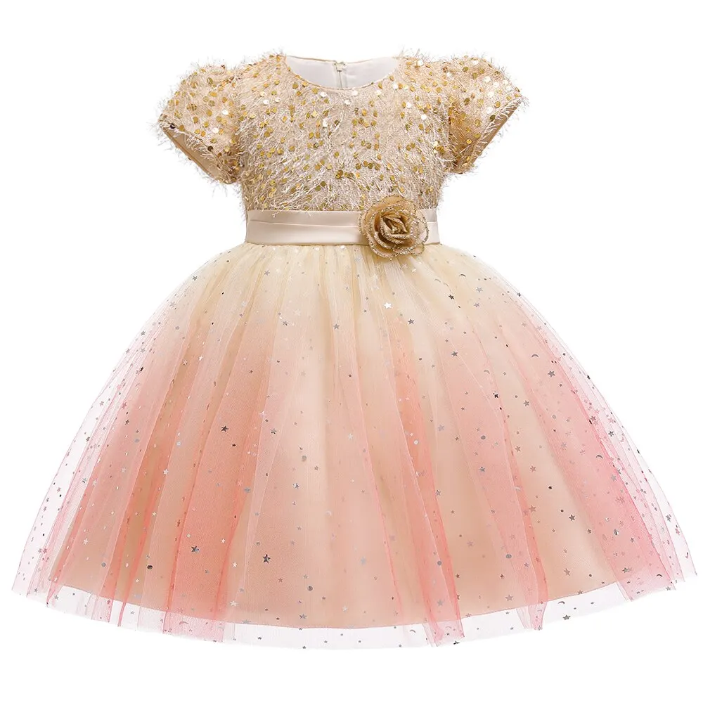 Gradient Baby Sequin Dress for Girls Princess Formal Elegant Lace Wedding Kids Clothes Dress Evening Costume Party Dresses L5161