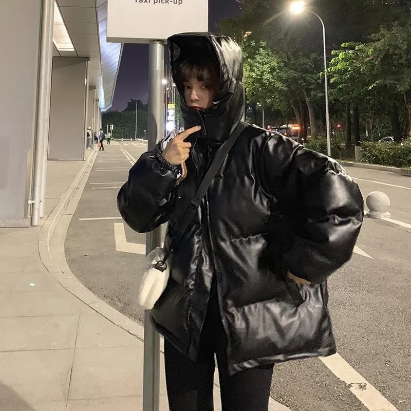 Uveng 2020 New PU Leather Hooded Jacket Women Korean Loose Black Warm Thick Cotton-Padded Coat Chaqueta Mujer Female Clothing