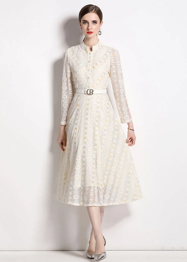 French Beige Stand Collar Embroidered Patchwork Lace Dresses Fall