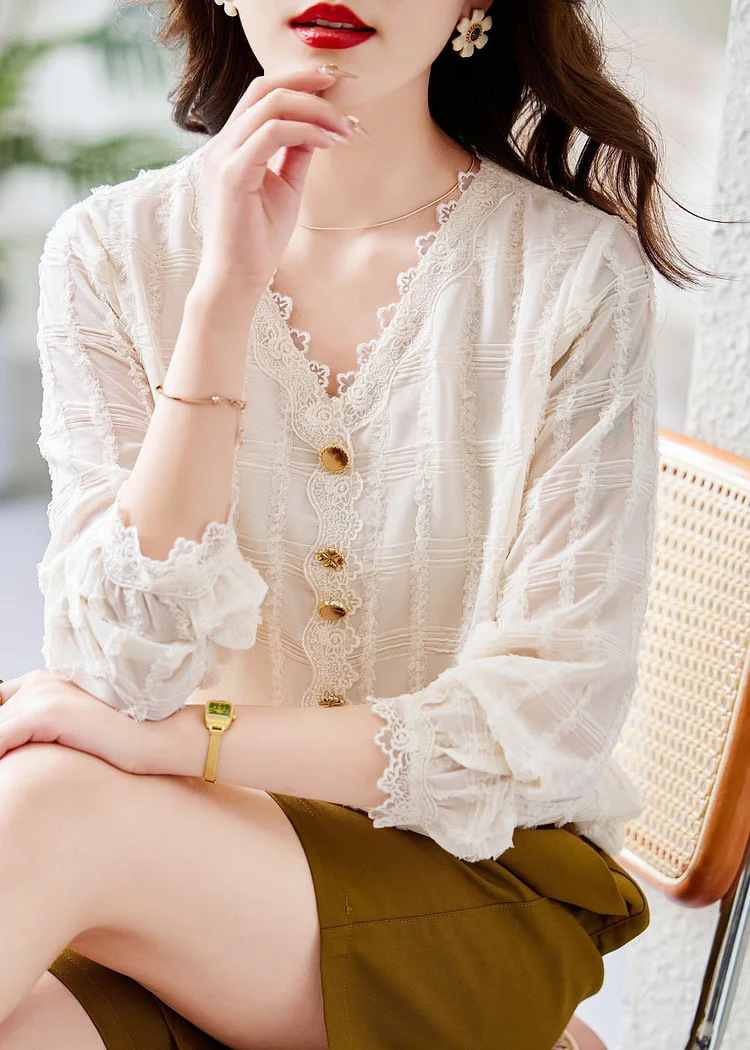 Cute White V Neck Lace Patchwork Button Chiffon Shirt Fall