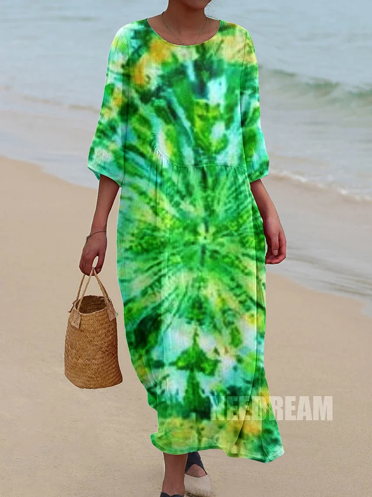 Womens Green Tie Dye Pocket Resort Style Cotton Dress