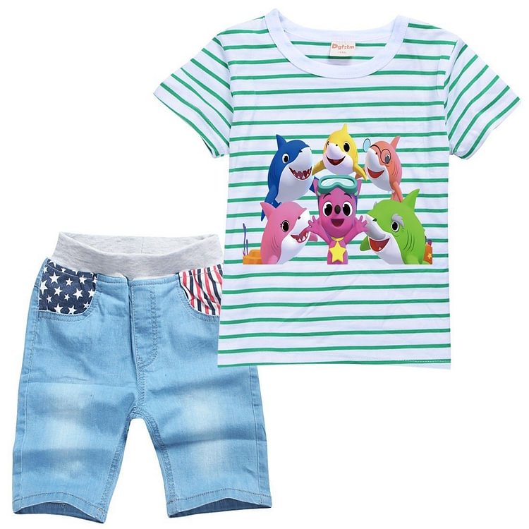 Boys Striped Baby Shark Print Girls Cotton T Shirt Denim Shorts Sets-Mayoulove