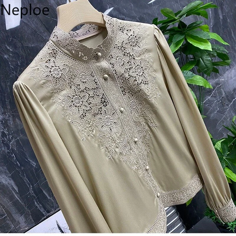 Toloer Blouses Womens Clothes Tops Vintage Blusas De Mujer Stand Collar Embroidery Blouse Korean Fashion Long Sleeve Shirt