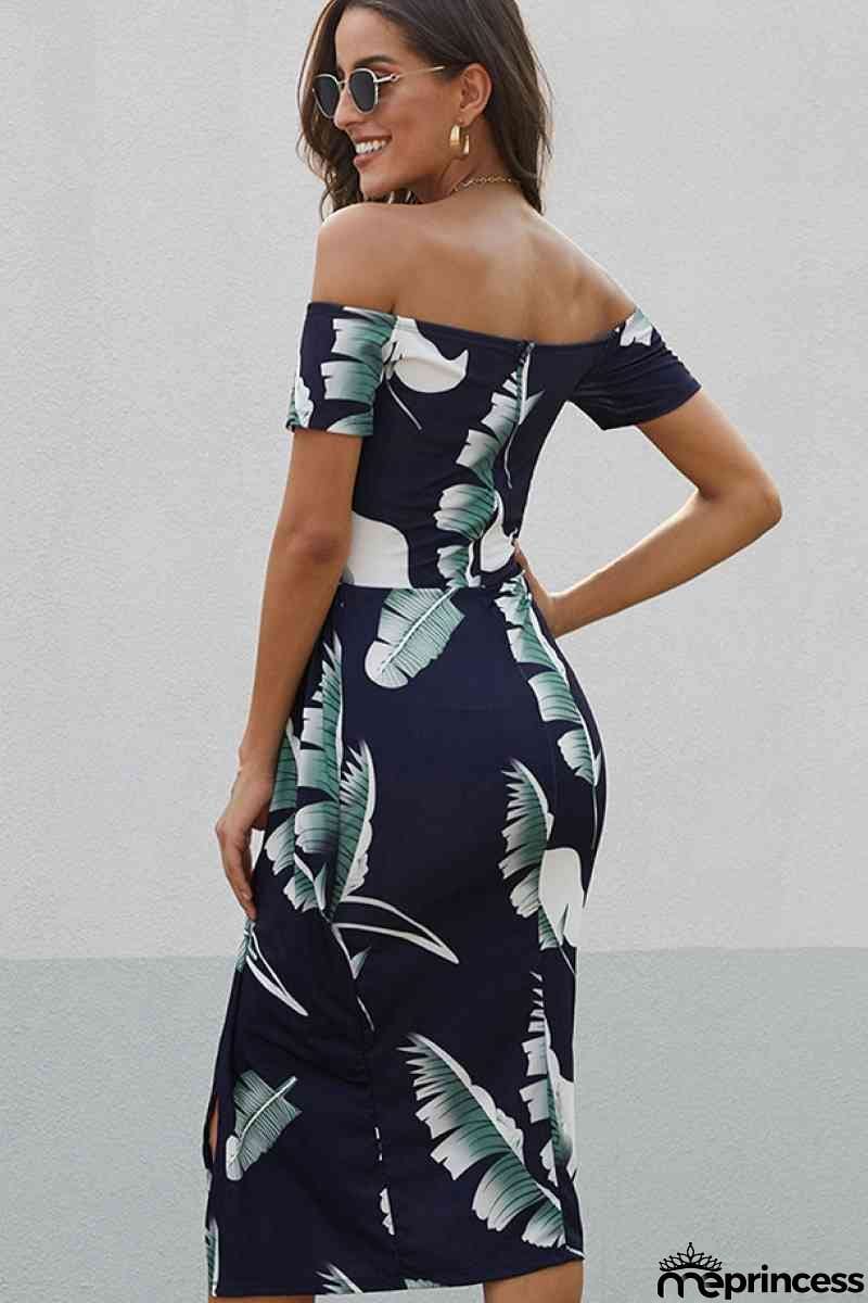 Dark Blue Floral Print Short Sleeve Off Shoulder Midi Dress