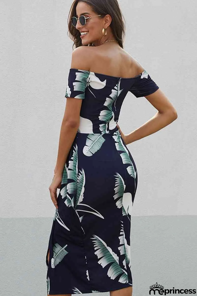 Dark Blue Floral Print Short Sleeve Off Shoulder Midi Dress