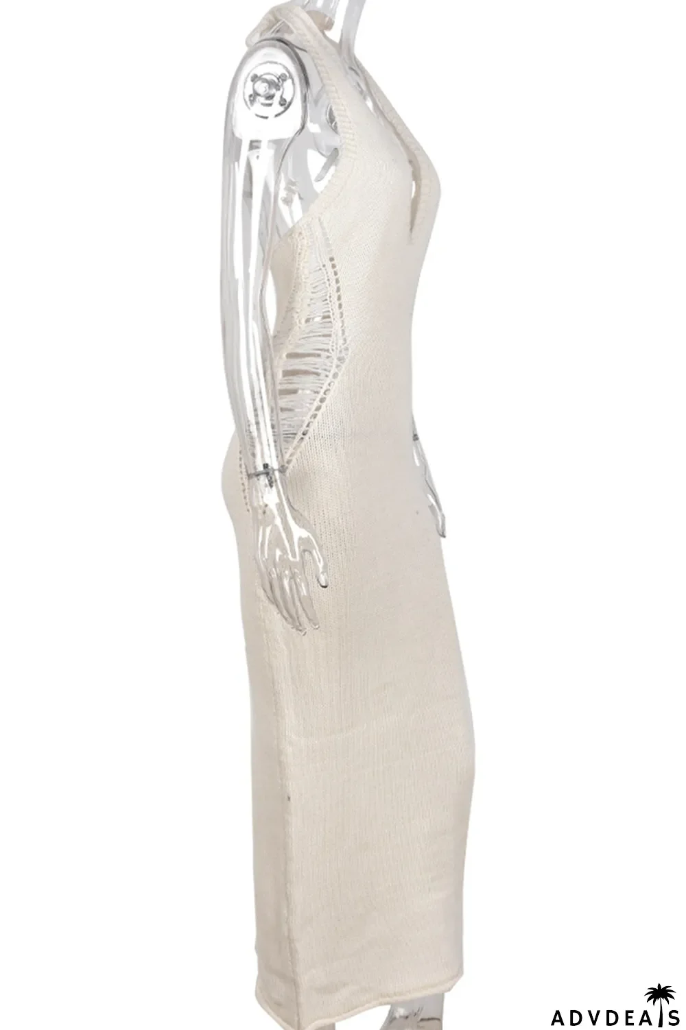 Apricot Sexy Solid Ripped Halter Pencil Skirt Dresses