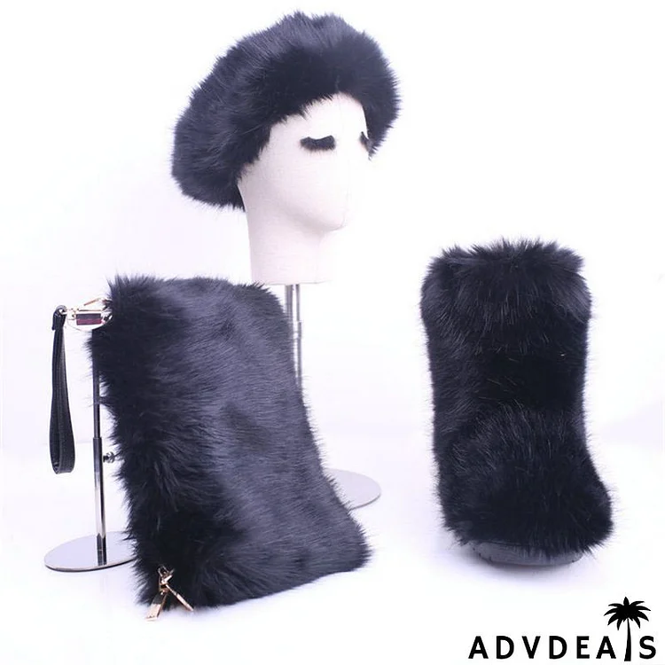 Size:4.5-12 Fashion Plush Hat And Hand Bag And Snow Boots Three Piece Set