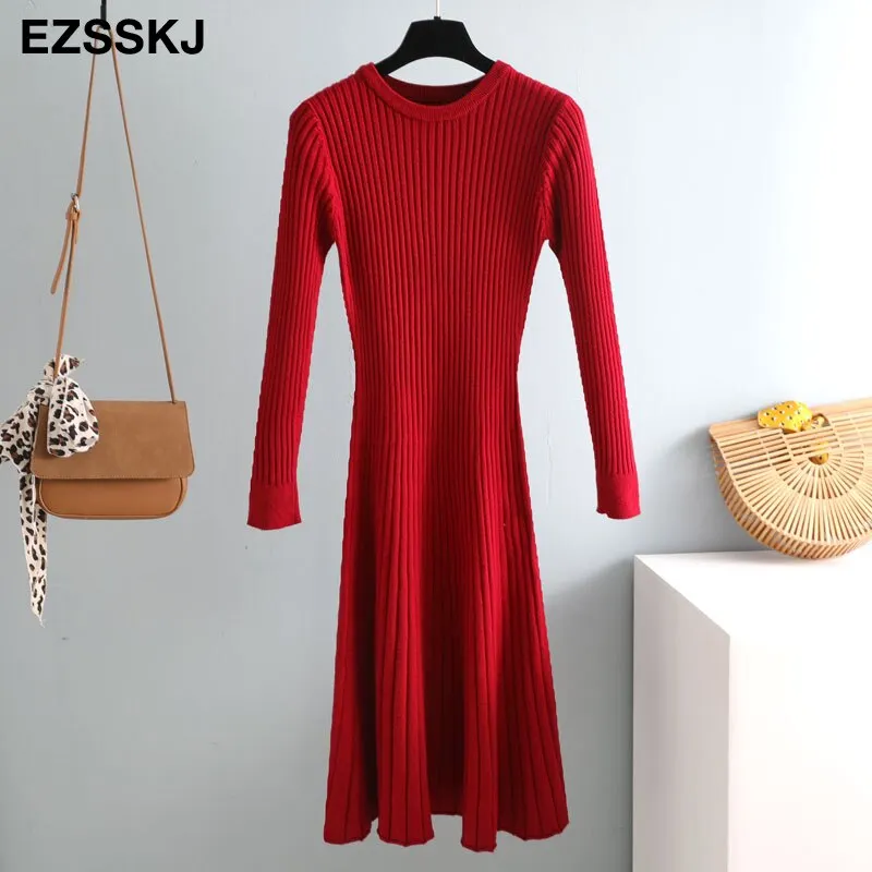 elegant Long sleeve OL O-neck long Sweater dress women Thick knit Autumn Winter dress female Slim A-line basic dress casual