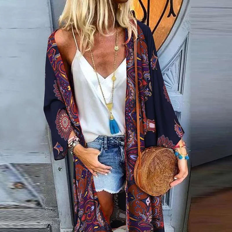 Summer Bohemian Beach Cardigan Women Long Sleeve Floral Blouse Casual Vocation Shirt ZANZEA Long Sleeve Open Front Retro Kimono