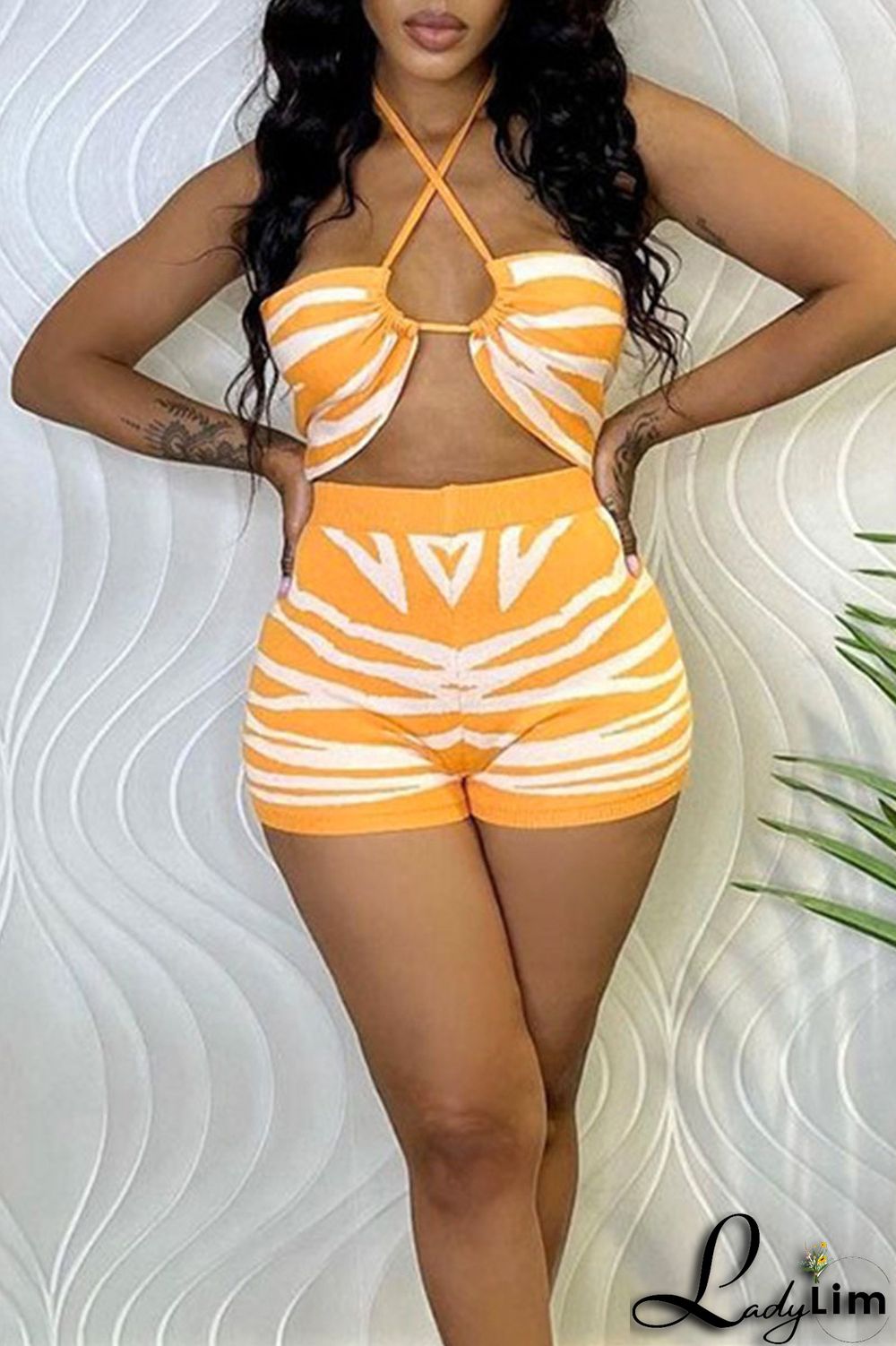 Green Sexy Print Bandage Patchwork Backless Halter Sleeveless Two Pieces