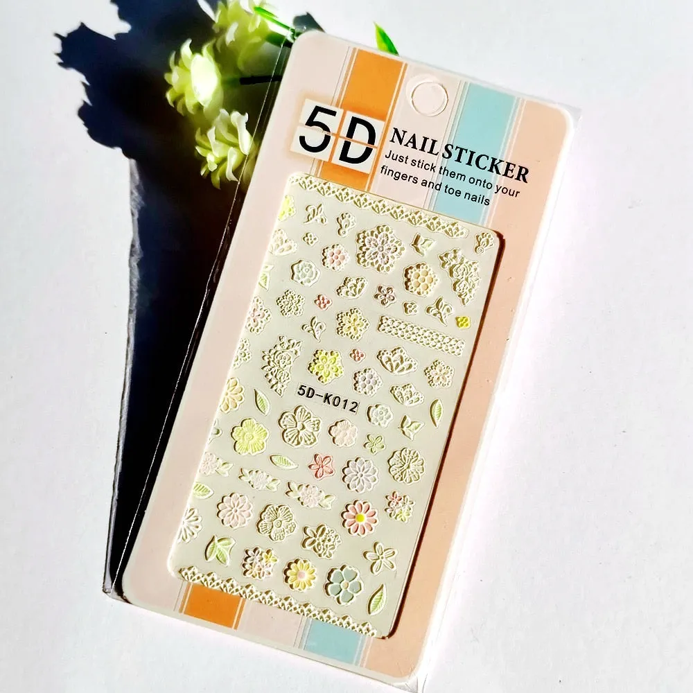 5D Butterfly Nail Sticker Engraved White Flower Sliders Embossed Lace Wedding Nail Art Design Monogram Decals Manicure Tools-Nail Inspo