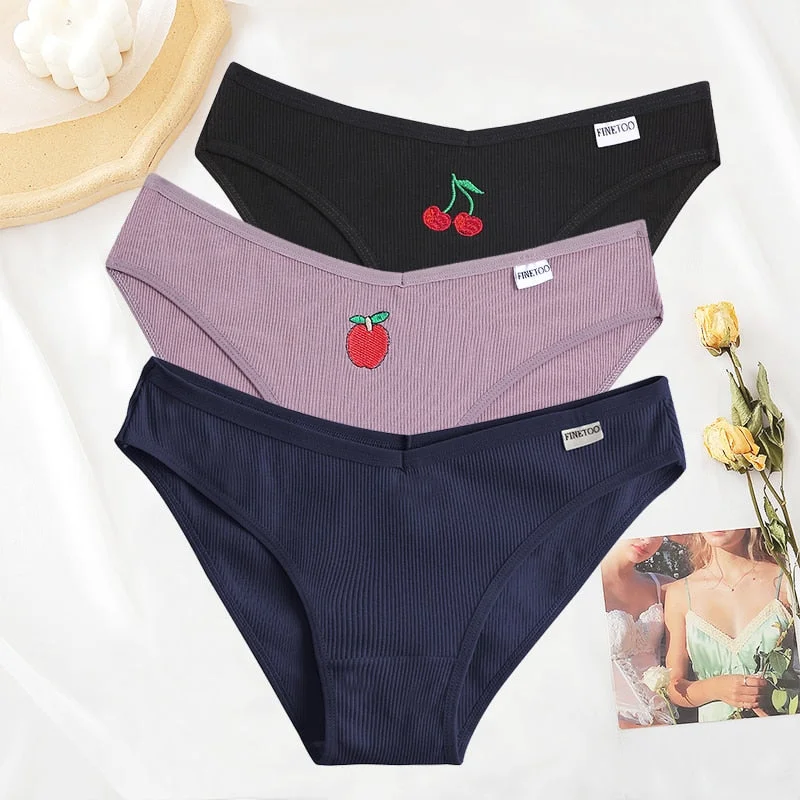 FINETOO 3PCS/Set Women Cotton Embroidery Fruit Panties Underwear V Waist Female M-XL Woman's Briefs Pantys Intimates Lingerie