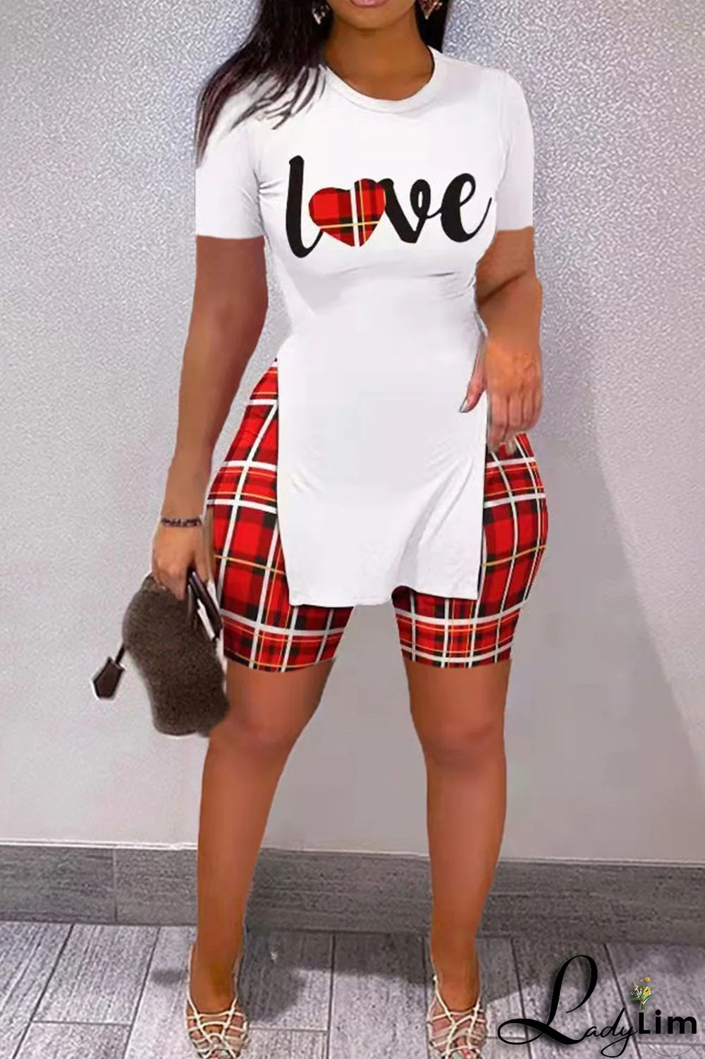 White Casual Print Patchwork Slit O Neck Short Sleeve Two Pieces