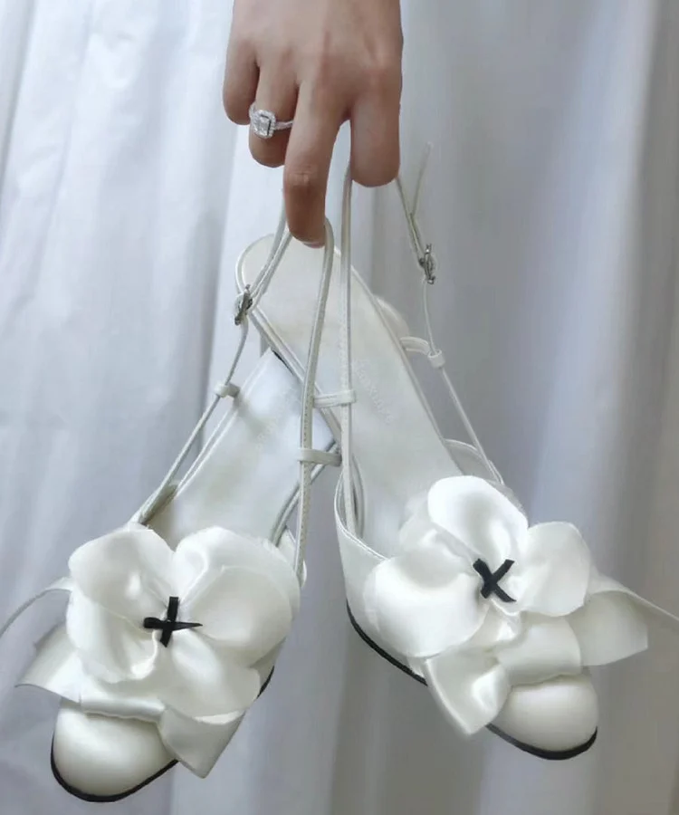 Chic White Satin Bow High Heels Splicing Floral