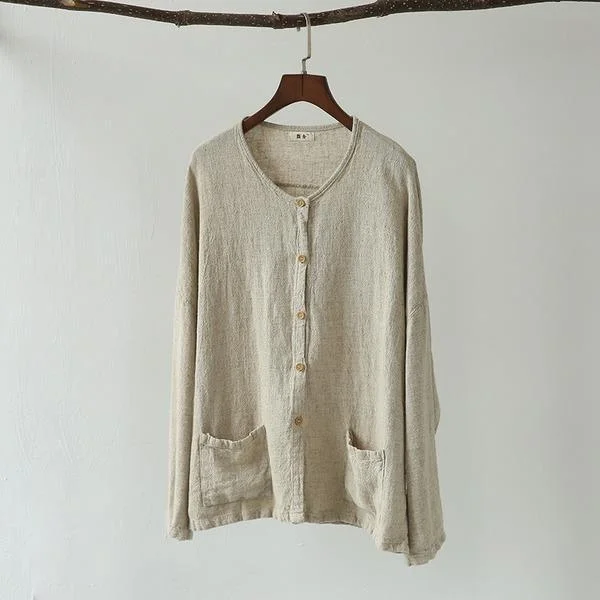 Casual Vintage Linen Women Clothes 2020 New Long Sleeve Button Pockets O-Neck Brief Loose