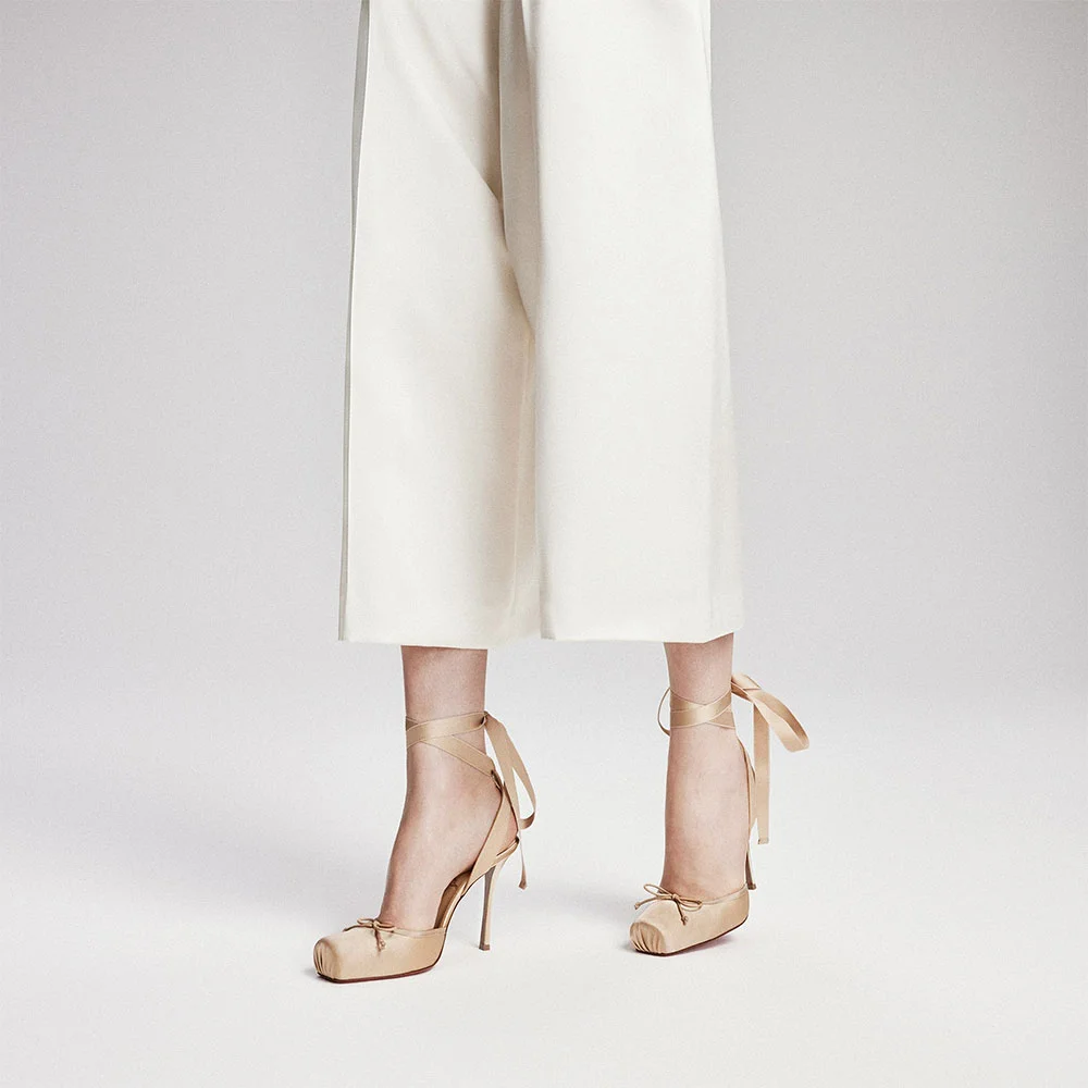 Women's Beige Square Toe Ballet Lace Up Satin Bow Pumps Heels
