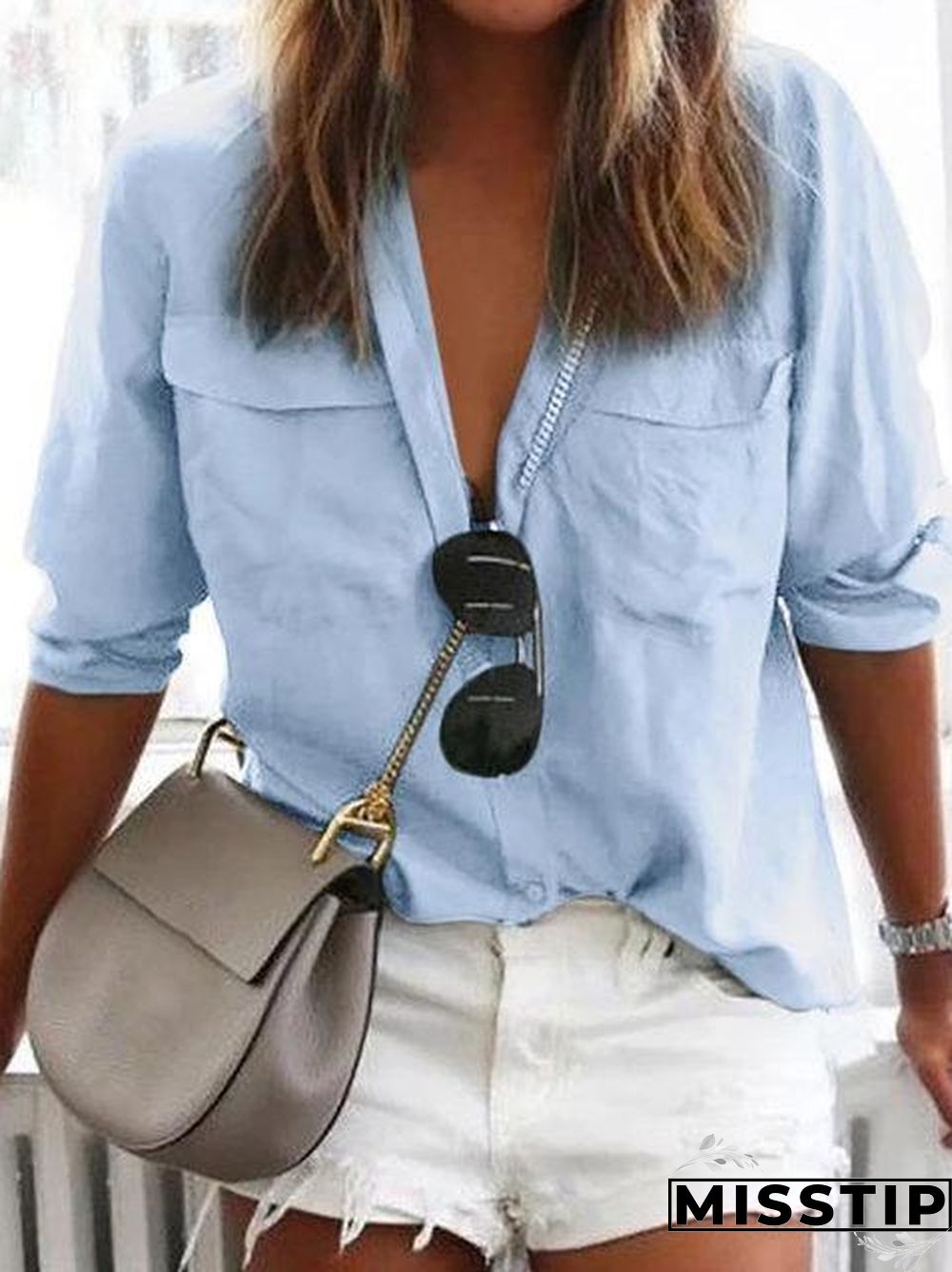 Solid Long Sleeve Shirt Collar Pockets Casual Plus Size Shirts