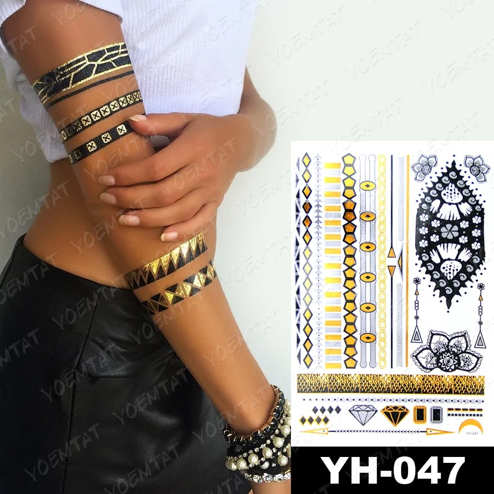 Waterproof Temporary Tattoo Sticker Gold Silver Henna Indian Hand Painted Glitter Tattoos Women Mandala Flower Feather Body Art