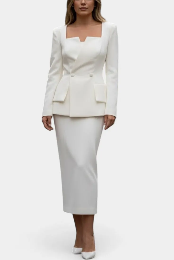 Structured Square-Neck Blazer with Pencil Skirt Set