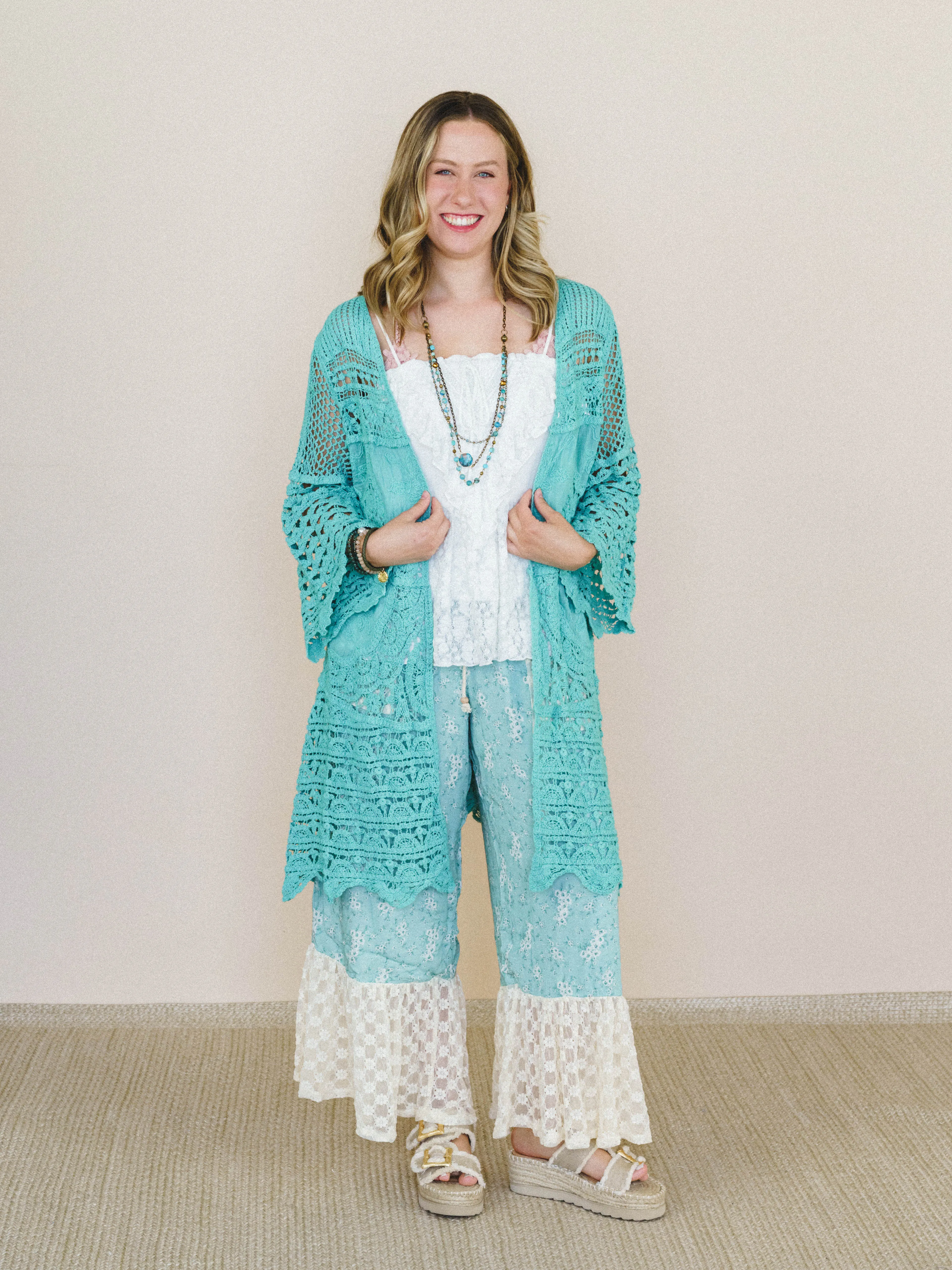 Crochet Duster Kimono - Aqua Teal