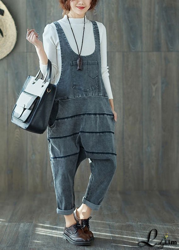 Art Grey Oversized Patchwork Cotton Denim Jumpsuit Spring