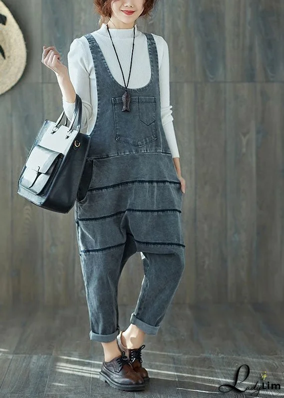 Art Grey Oversized Patchwork Cotton Denim Jumpsuit Spring