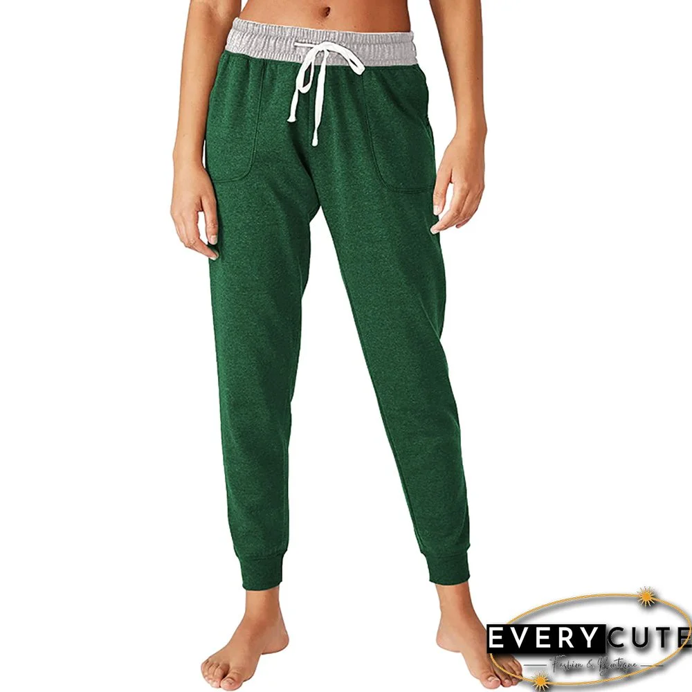 Green Colorblock Drawstring Casual Pants