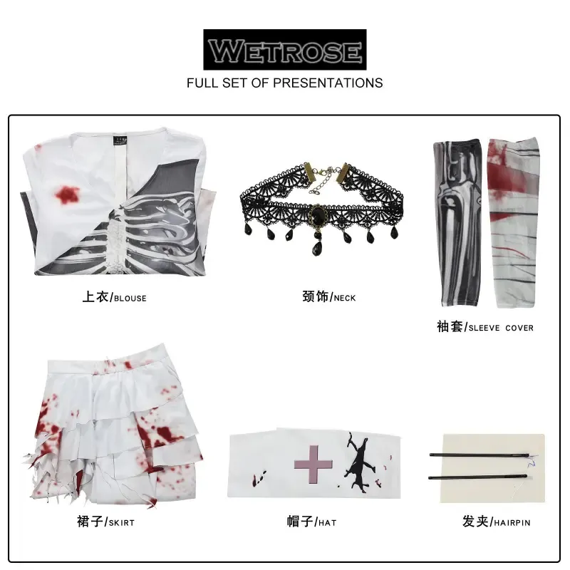 [Wetrose] In Stock Blood Stained Skeleton Print Torn Irregular Dress Nurse Party Outfit Cosplay Costume Halloween Xmas