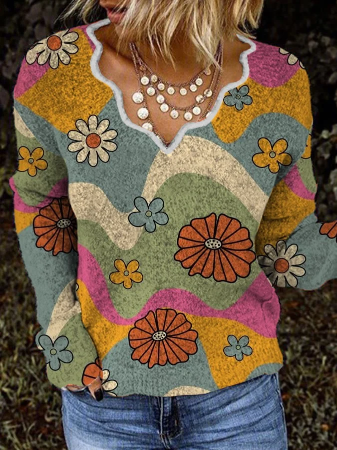Casual Wave Collar Geometric Floral Print Plush Top