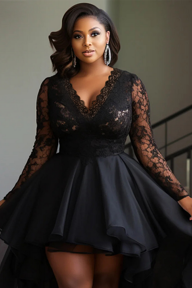 Xpluswear Design Plus Size Cocktail Party Black V Neck Long Sleeve Ruffle Elegant High Low Hem Lace Tulle Mini Dresses [Pre-Order]