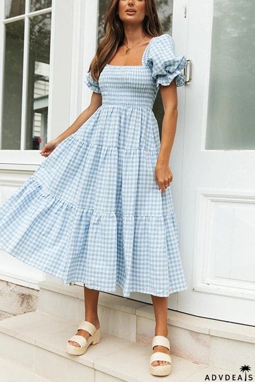 Plaid Square Neck Puff Sleeve Midi Dress