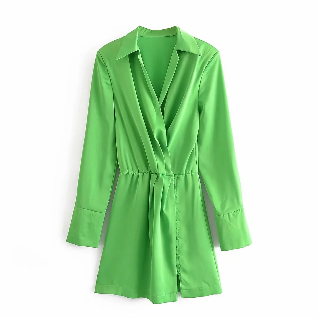 2021 New Fashion Green Chic Mini Shirt Dress With Shoulder Pads Cozy Long Sleeve Wrap Office Lady Pleated For Beach Holiday