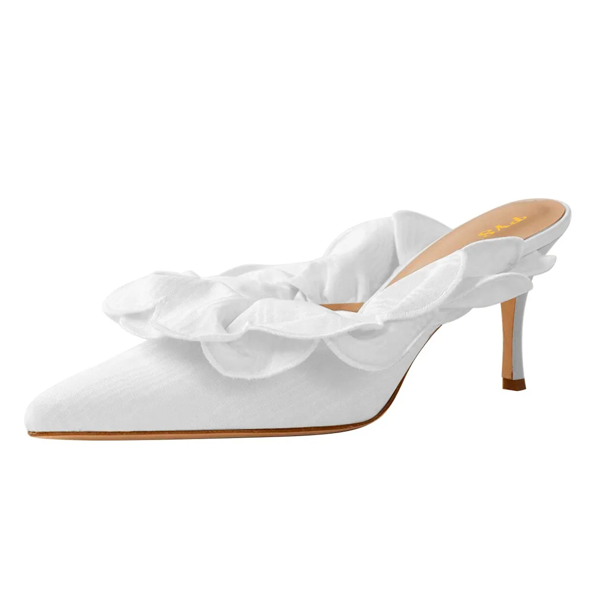 White Fabric Pointed Toe Ruffled Kitten Heel Mules Shoes for Women Nicepairs