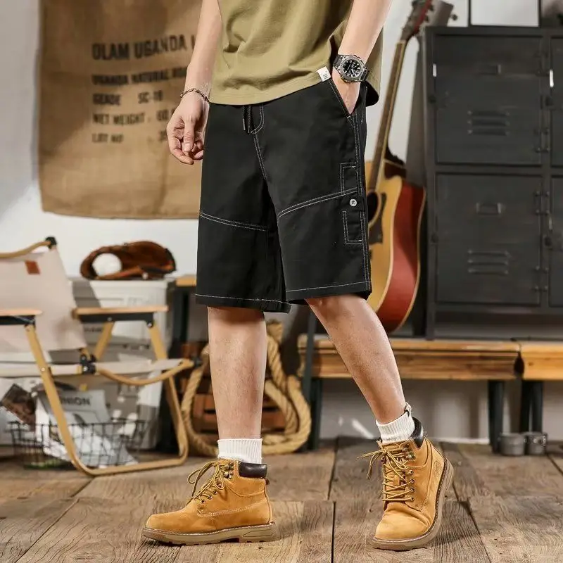 Thingsroom Vintage Cargo Shorts – Big Size Oversize Men’s Summer Shorts with Pockets, Solid Comfortable Casual Wide Leg Style  