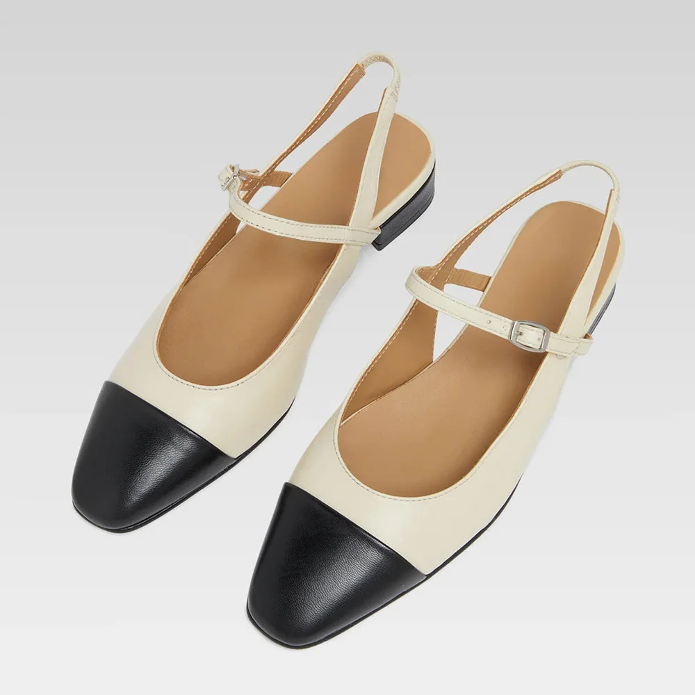 Women's Black & Beige Mary Jane Slingback Flat Closed Toe Shoes