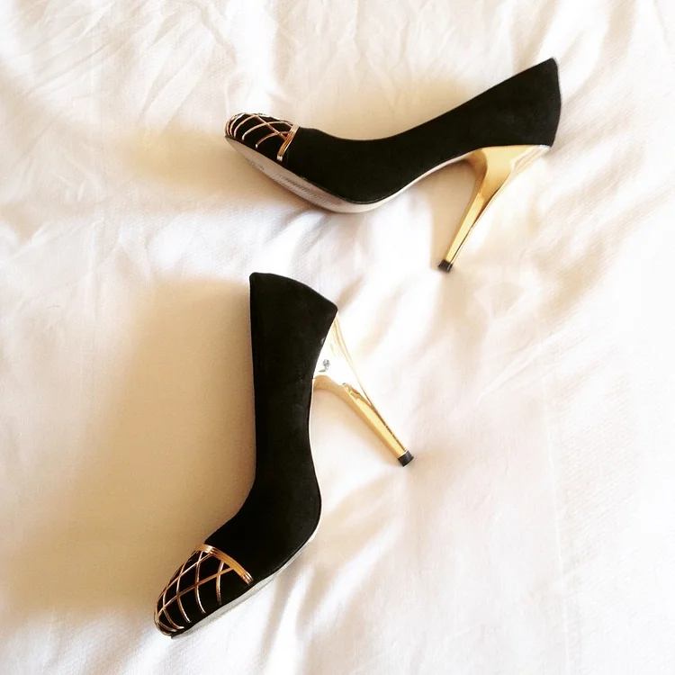 Black and Gold Almond Toe Suede Pumps Vdcoo