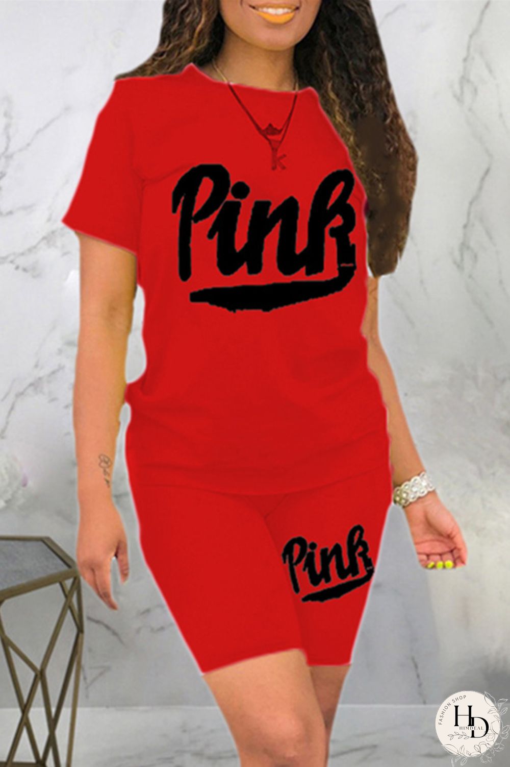 Black Fashion Casual Letter Print Basic O Neck Short Sleeve Two Pieces