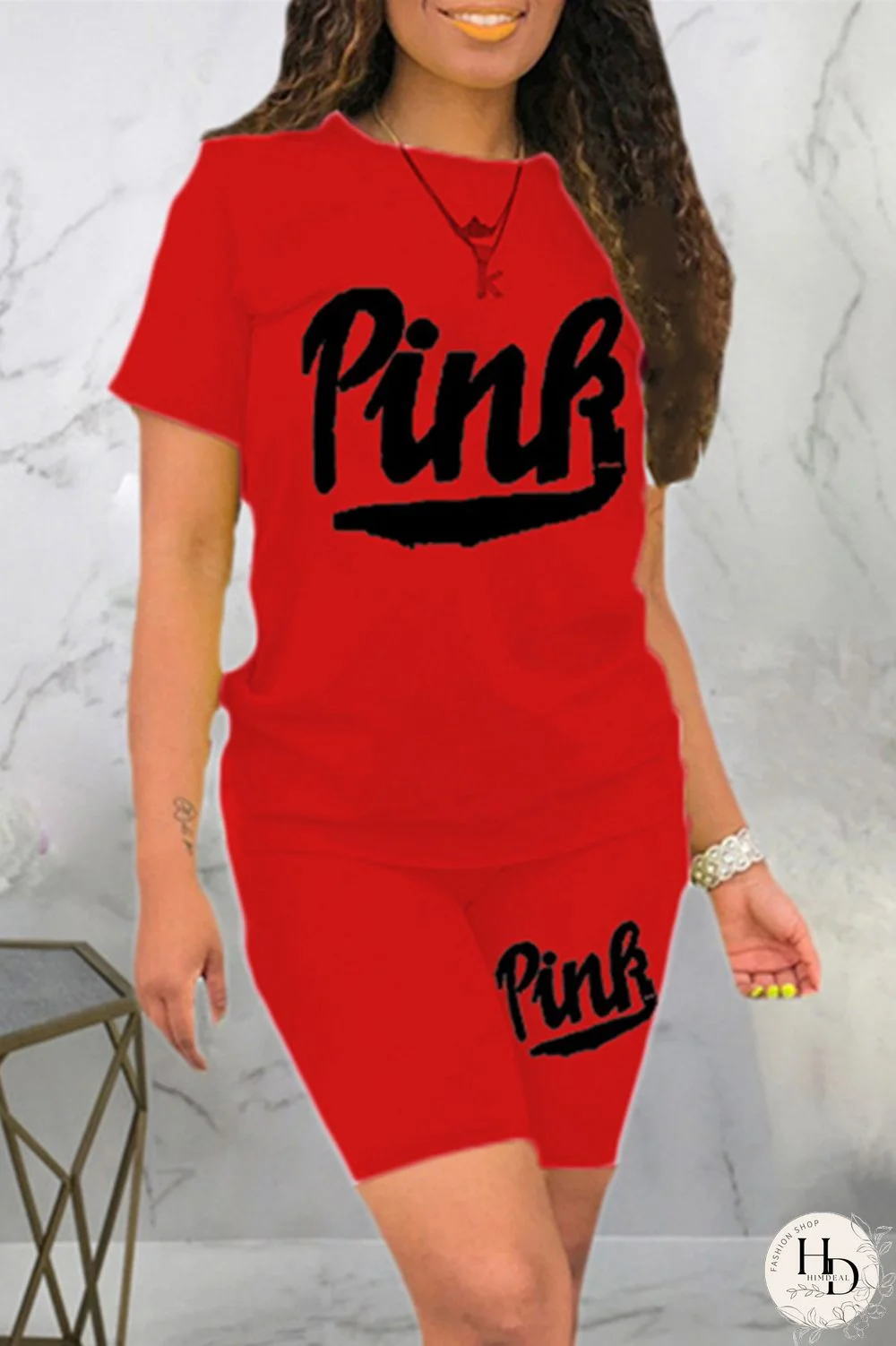 Black Fashion Casual Letter Print Basic O Neck Short Sleeve Two Pieces