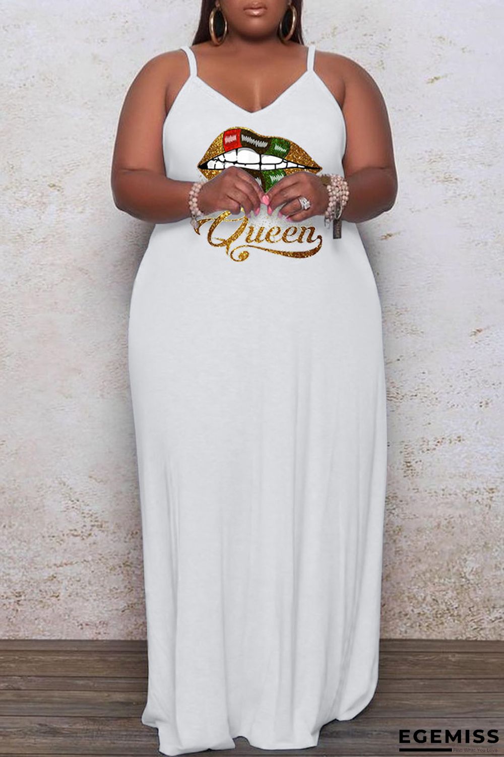 White Casual Print Patchwork Spaghetti Strap Sling Dress Plus Size Dresses | EGEMISS