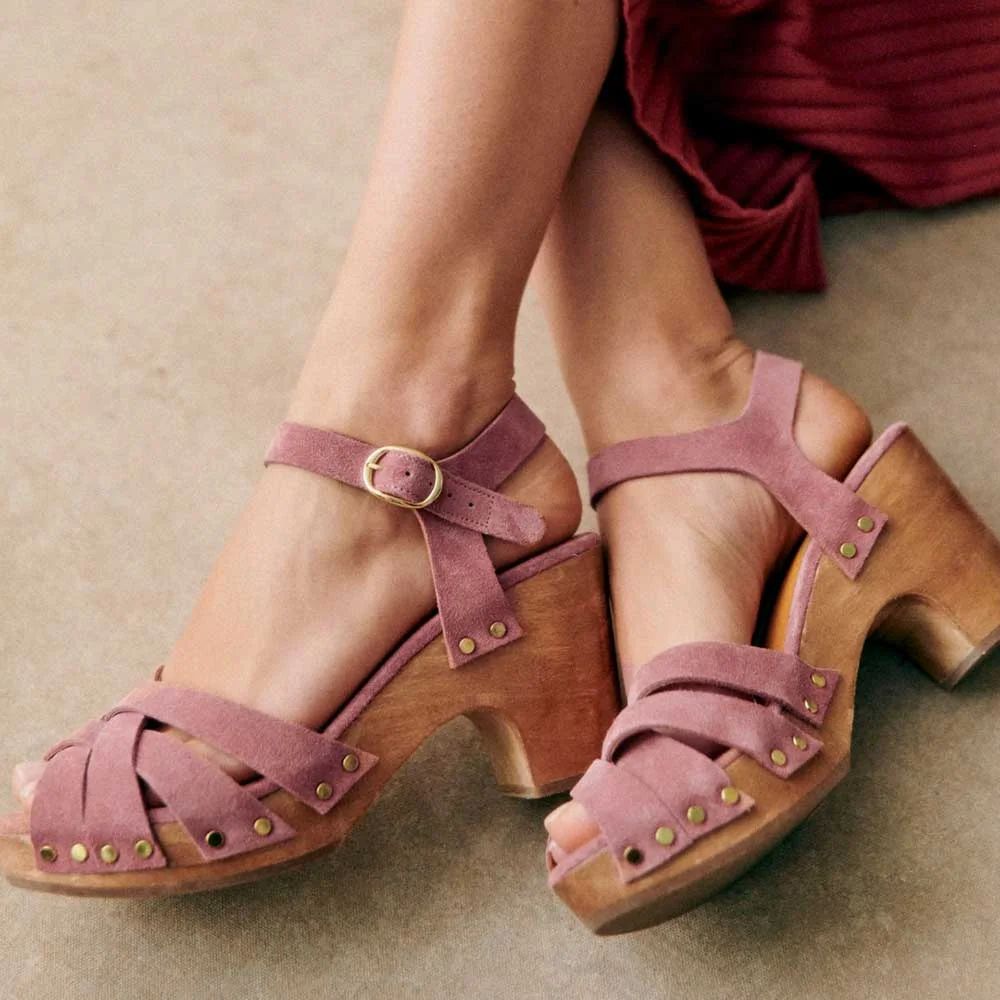 Pink Faux Suede Caged Studded Platform Sandals with Chunky Heels Nicepairs