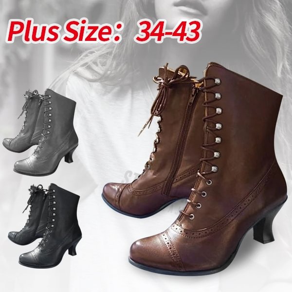 Women Fashion Victorian Mid-Calf Leather Lolita Boots Steampunk Lace Up Zip High Heel Boots Autumn Winter Women Cowboy Short Ankle Boots - Life is Beautiful for You - SheChoic