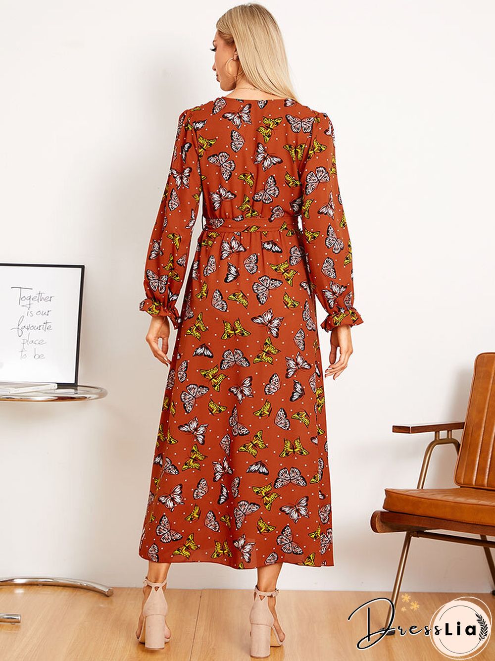 Butterfly Print Belt Long Sleeve V-neck Maxi Dress